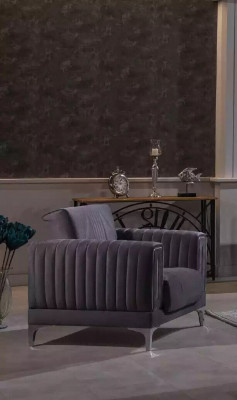 Moderní šedá sedací souprava 3+3+1 se sametovým křeslem nábytek do obývacího pokoje