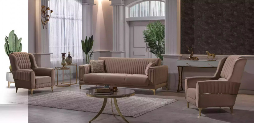 Beige potahová sedací souprava Designer 3+1+1 sezení, pohovky křesla 3 ks set