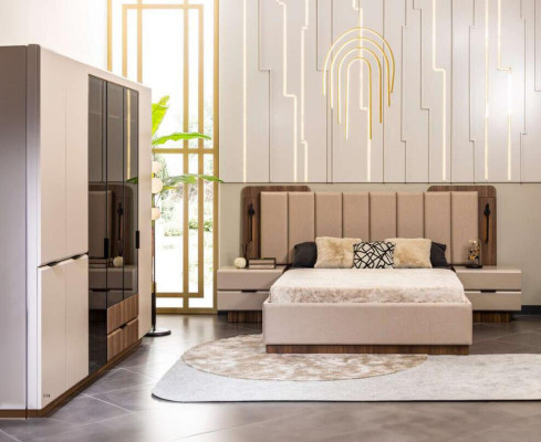 Luxus dvojlůžková sada ložnice noční stolky 4ks Béžová skříň