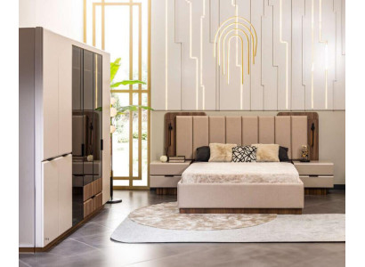 Luxus dvojlůžková sada ložnice noční stolky 4ks Béžová skříň