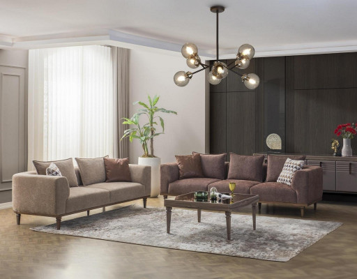 Sofa set Čtyřsed a třísed Hnědá látková pohovka.