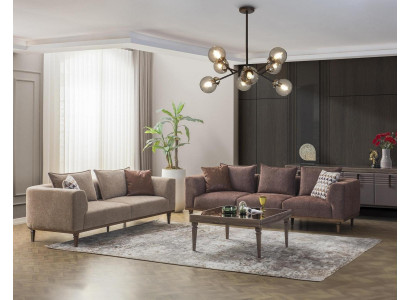 Sofa set Čtyřsed a třísed Hnědá látková pohovka.