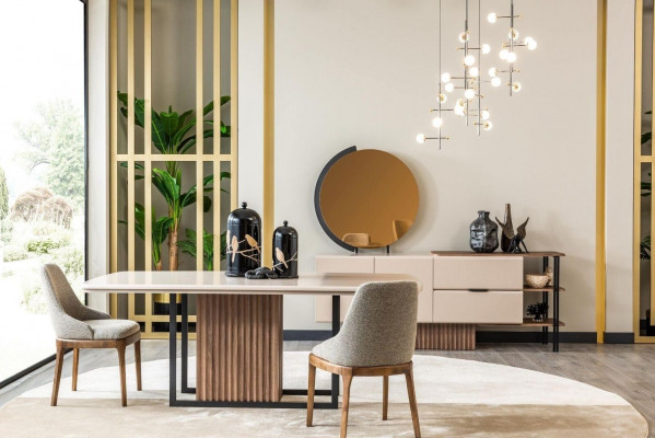 Jídelna Jídelní souprava Kompletní jídelní stůl židle 9dílná Beige jídelní kout Set