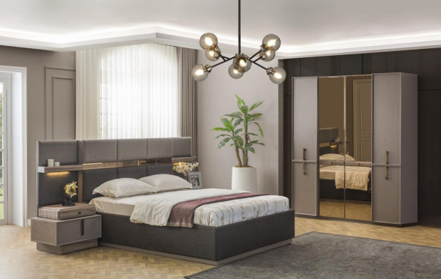 Manželská postel Kompletní ložnice Postel 4 kusy Šedá Noční stolky Skříň