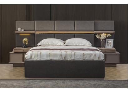 Úplná ložnice se dvoulůžkem, 3 kusy, postel, noční stolky, šedý materiál