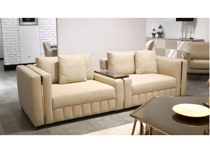 Moderní pohovka do obývacího pokoje, dvoumístná, béžová textilie, čalounění, nábytek, zařízení, design.