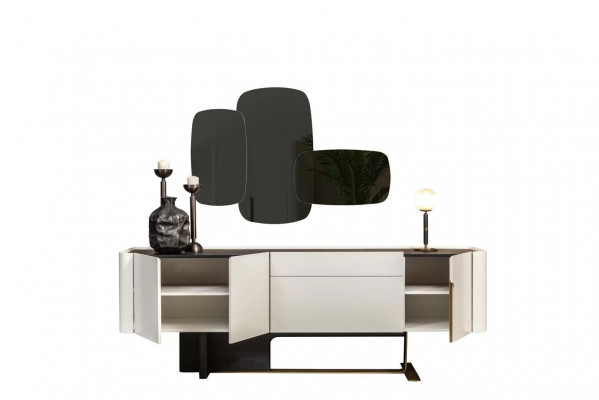 Sideboard Anrichte Weiß Schrank Spiegel Kommode Holz Garnitur Kommode = Komoda Skříň Bílá Skříň Zrcadlo Komoda Dřevo Garnitura Komoda