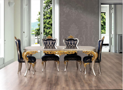 Exkluzivní zlatý jídelní stůl s x4 židlemi Chesterfield luxusní nábytek.
