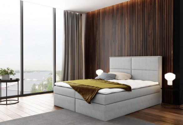 Postel s úložným prostorem, polstrovaná postel, pružinová postel, designová manželská postel, hotelová ložnice.