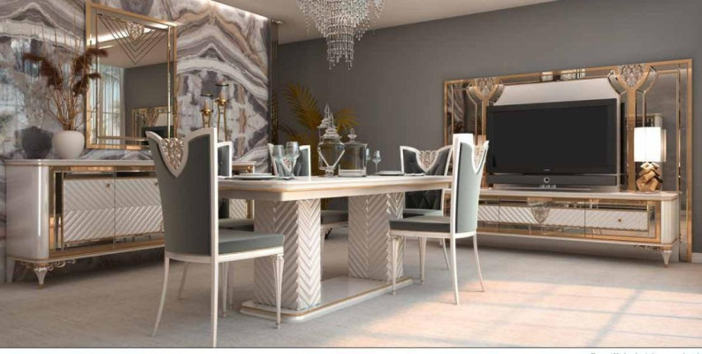 Elegantní jídelní židle v šedobílo tónech s barokním designem.