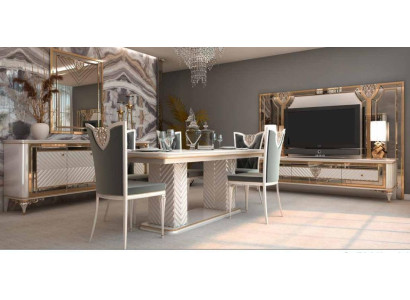 Elegantní jídelní židle v šedobílo tónech s barokním designem.