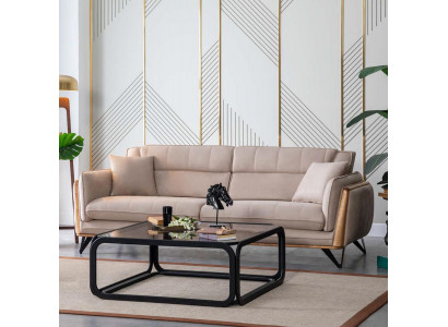 Třísedák béžová pohovka sedací nábytek potah vybavení pohovky sedačky dřevo