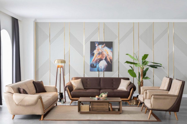 Třímístná béžová pohovka, nábytek, zařízení pohovky, nové béžové pohovky