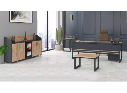 Velká sada kancelářského nábytku pro pracovní pokoj - skříň a psací stůl.