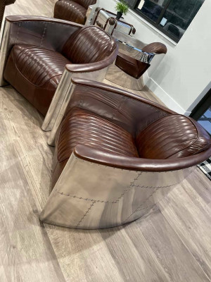 Aviator Sofa Křeslo Pohovka klub Lounge Letadlo Retro Pravá kůže Vintage Hliník