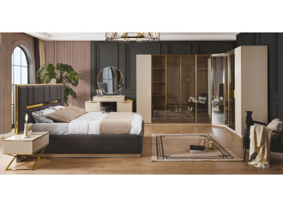 Elegantní ložnice Set 6 kusů luxusní Béžový nábytek Dřevěná noční skříňka