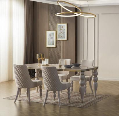 Temně béžová jídelní sestava designérského dřevěného stolu s 6 židlemi 7dílná luxusní sada.