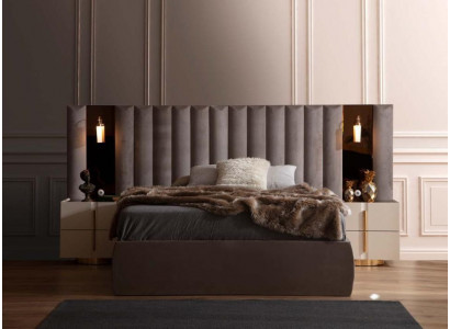 Hnědá ložnice s designovou manželskou postelí 2x bílé noční stolky 3 kusy