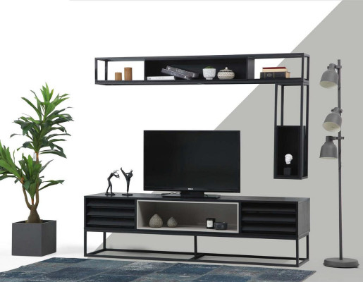 Wohnwand RTV Lowboard Regale TV Ständer Set Holz Modern Schwarz Design