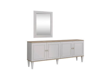 Garnitur Sideboard se zrcadlem a komody jídelny ze dřeva šedé barvy.