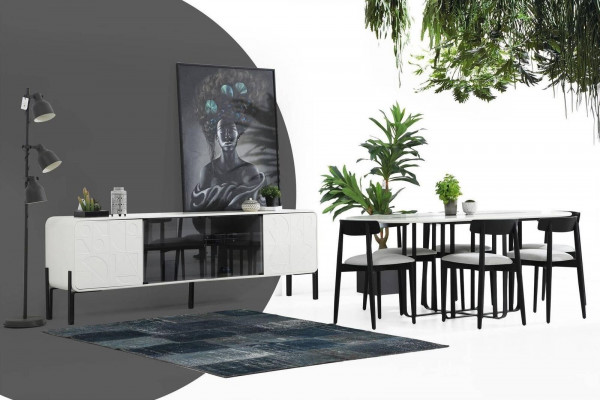 Moderní jídelní sestava designérského obývacího pokoje stůl židle sideboard dřevěný set 6ks bílá