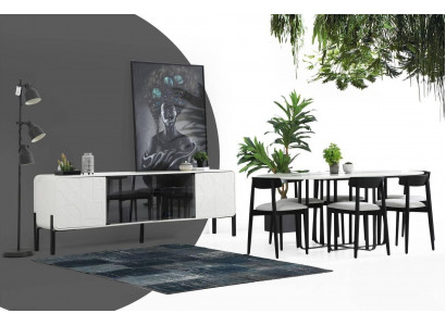 Moderní jídelní sestava designérského obývacího pokoje stůl židle sideboard dřevěný set 6ks bílá