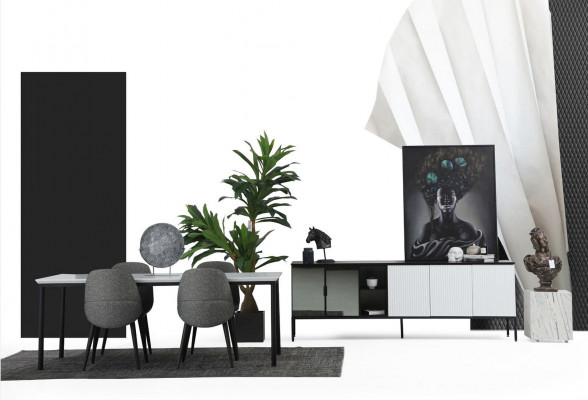 Jídelní skupina, jídelní stůl, židle, komoda, stolek, dřevo, set 6 kusů, bílý