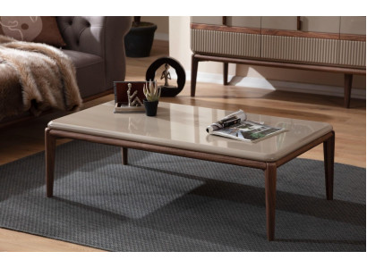 Hnědý dřevěný stůl do obývacího pokoje, designový nábytek, luxusní stylové stoly.