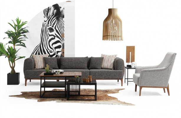 Sofa set Třísedák Moderní Křeslo Šedá látka Obývací pokoj Set