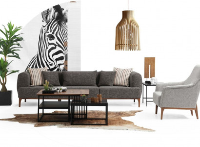 Sofa set Třísedák Moderní Křeslo Šedá látka Obývací pokoj Set