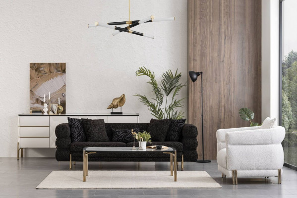 Obývací pokoj Sofa Set Designer Černý Luxus Třísedák Bílý Křeslo