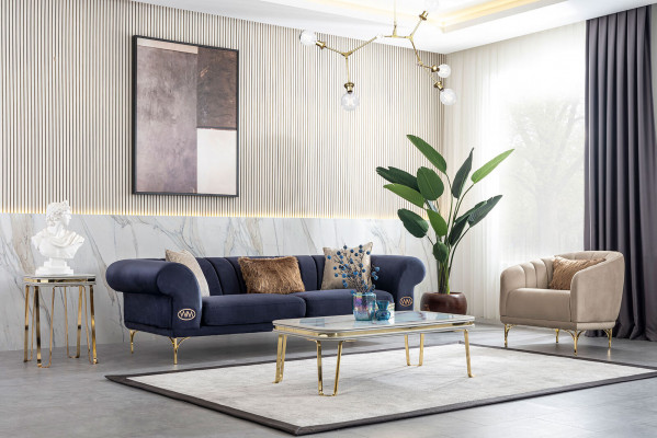 Modrý-bežový obývací pokoj Set Luxusní čalouněný nábytek 3+3+1 místný Design Couch.