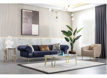 Modrý-bežový obývací pokoj Set Luxusní čalouněný nábytek 3+3+1 místný Design Couch.