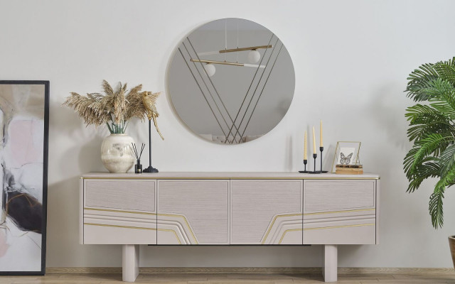 Beige Luxus dřevěný nábytek návrhářský komoditéka Luxus kulaté zrcadlo Moderní 2 kusy