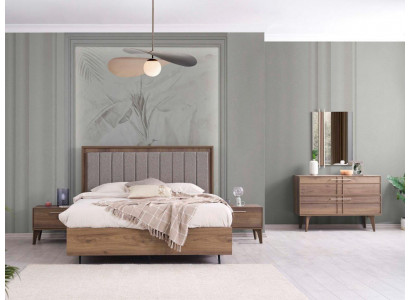 Souprava Kompletní manželská postel Dřevěná 5dílná Ložnice Hnědá Postel Moderní