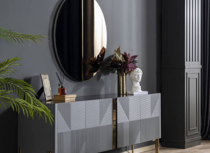 Černá jídelní sestava Designer Sideboard Luxus RoundMirror 2 ks