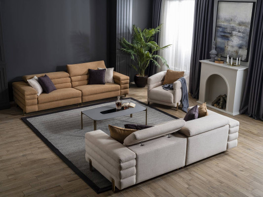 Hnědo-béžová obývací sestava s designerským potahem na gaučích 4+3+1 místná čalouněná sedací souprava