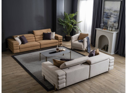 Hnědo-béžová obývací sestava s designerským potahem na gaučích 4+3+1 místná čalouněná sedací souprava