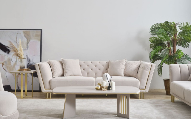 Bílý obývací pokoj Chesterfield třísedadlová sestava Luxusní konferenční stůl 2 kusy