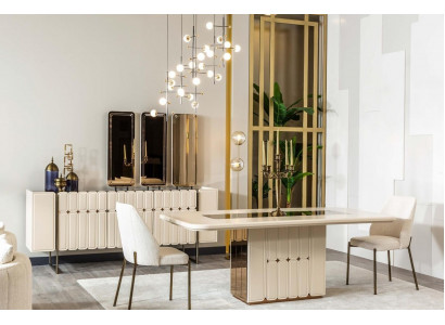 Bílá elegantní jídelní skupina designérský stůl ze nerezové oceli Luxusní x6 židlí