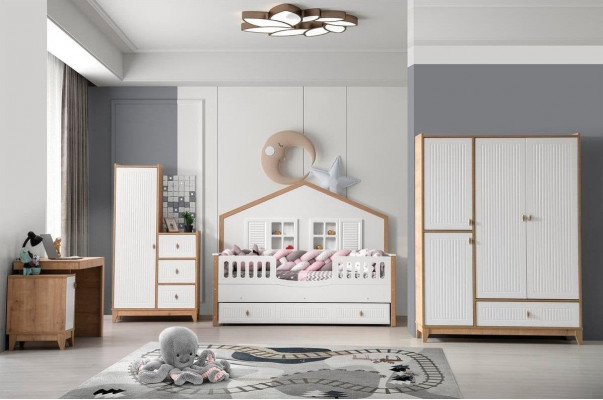 Elegantní dětský pokojový set postel šatní skříň a stůl Světlá 4ks