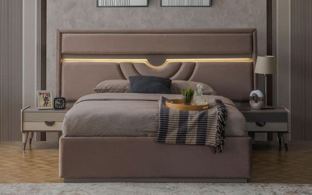 Manželská postel Ložnice Postel Noční stolky Béžová Sada 3 kusy Lůžková skříň