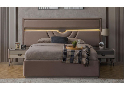 Manželská postel Ložnice Postel Noční stolky Béžová Sada 3 kusy Lůžková skříň