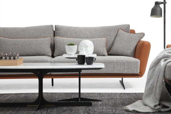 Tříosý Sofa 3 Místný Látka Oranžový Moderní Design Obývací Pokoj Šedý