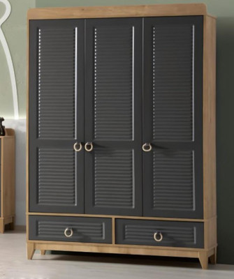 Šatní skříň šedého dřeva s designem šatní skříňky do dětského pokoje.