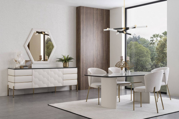 Elegantní jídelní sestava Velký jídelní stůl 4x židle Komoda Zrcadlo