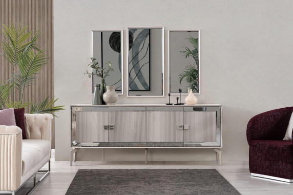 Anrichte Sideboard s ​​zrcadlem Skupina komod Šperková jídelna ze dřeva stříbrná.