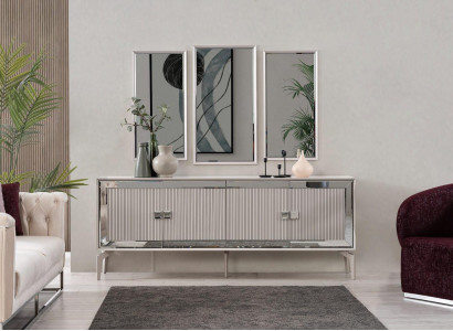 Anrichte Sideboard s ​​zrcadlem Skupina komod Šperková jídelna ze dřeva stříbrná.