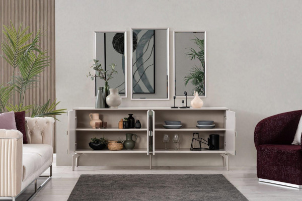 Anrichte Sideboard s ​​zrcadlem Skupina komod Šperková jídelna ze dřeva stříbrná.
