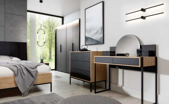 Toaletní stůl s černým zrcadlem, konzolový stolek, stůl z dřeva se zrcadlem do ložnice.